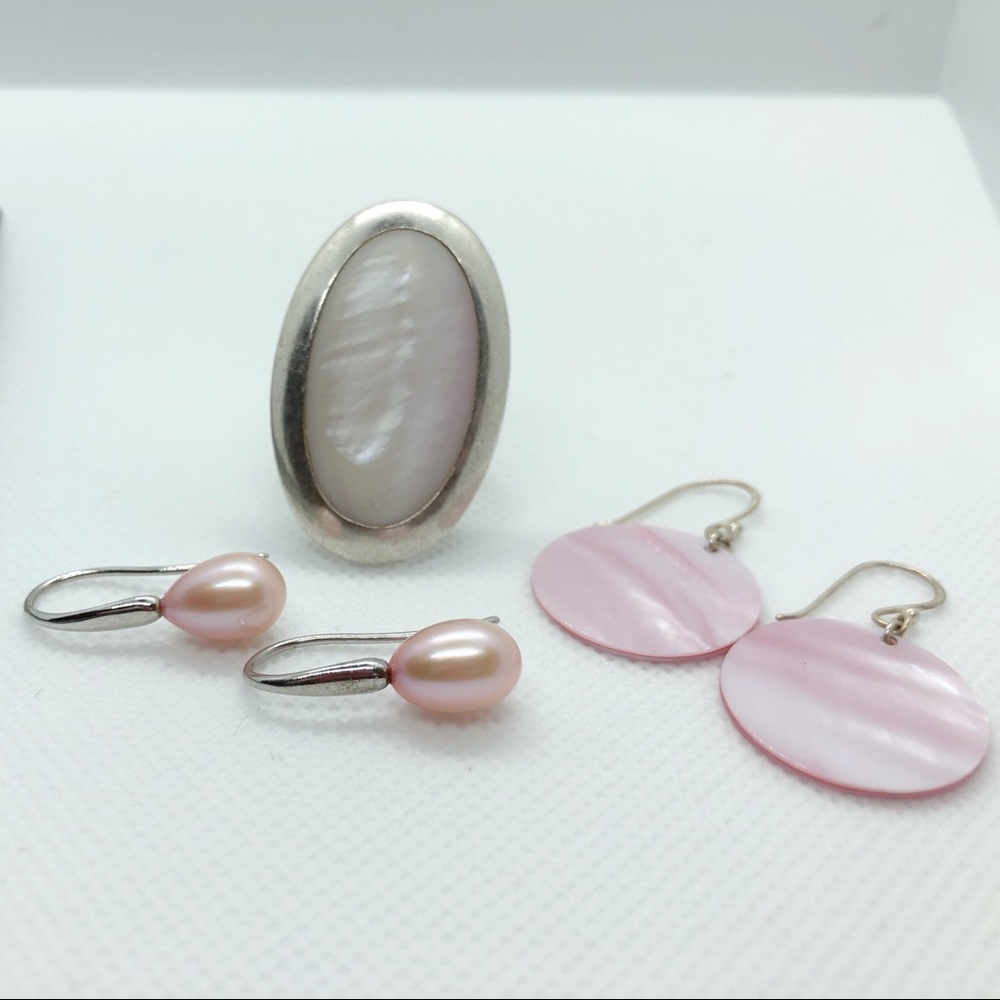 Pink Pearl and Sterling Silver Ring & Earrings